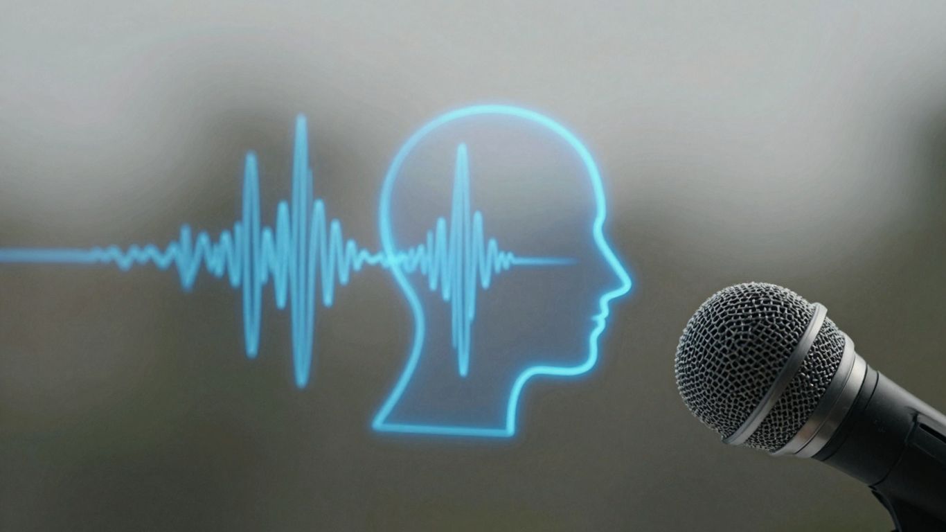 Futuristic sound wave forming a head from a microphone.