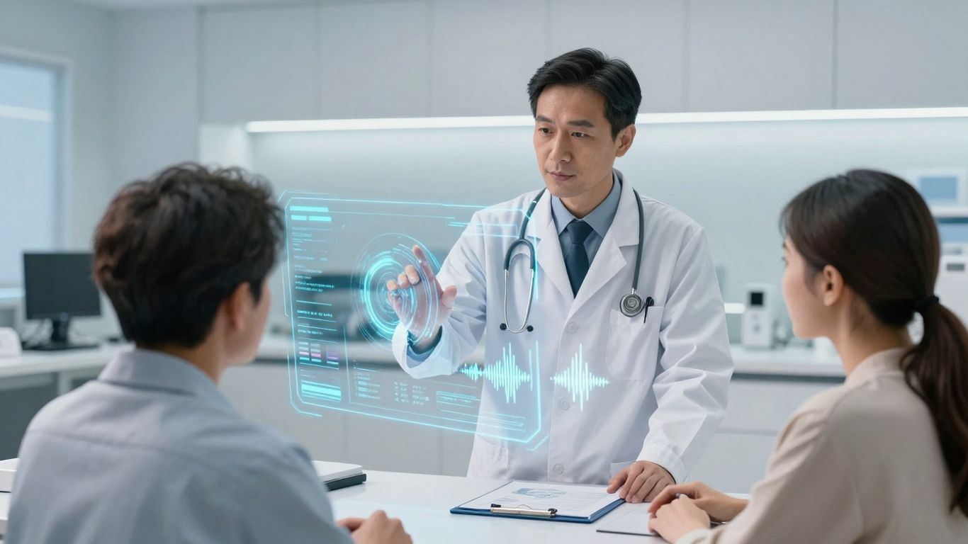 Doctor and patient using AI interface in healthcare setting.