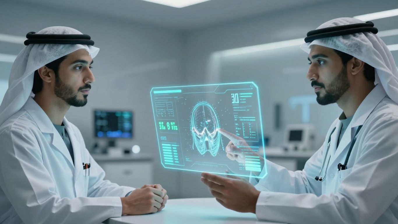 Doctor and patient using AI voice interface in healthcare.