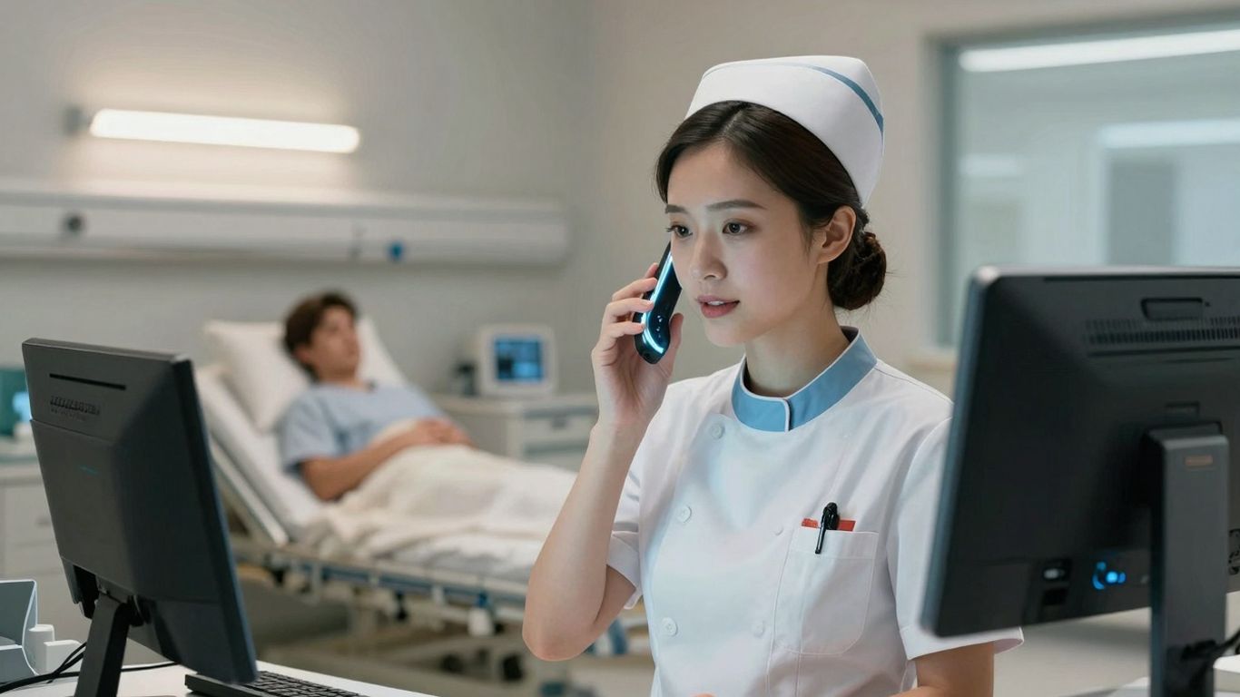 Nurse using voice AI for medical transport scheduling.