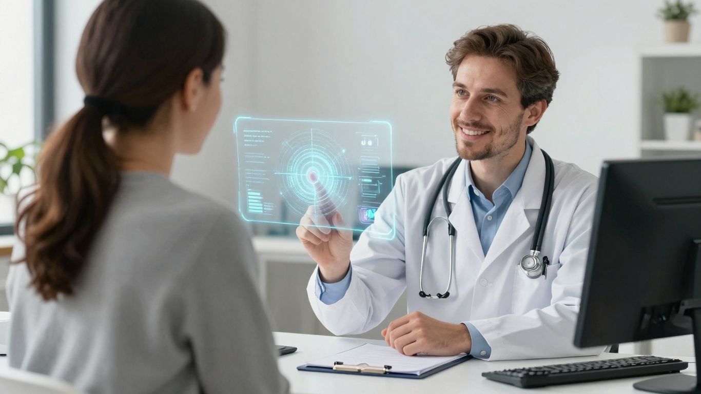 Doctor and patient with futuristic healthcare technology.