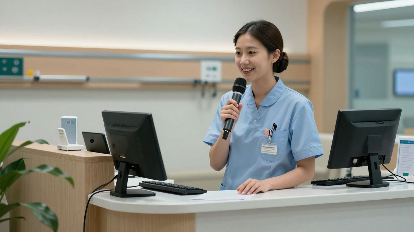 Nurse using voice AI for intelligent call routing in healthcare.