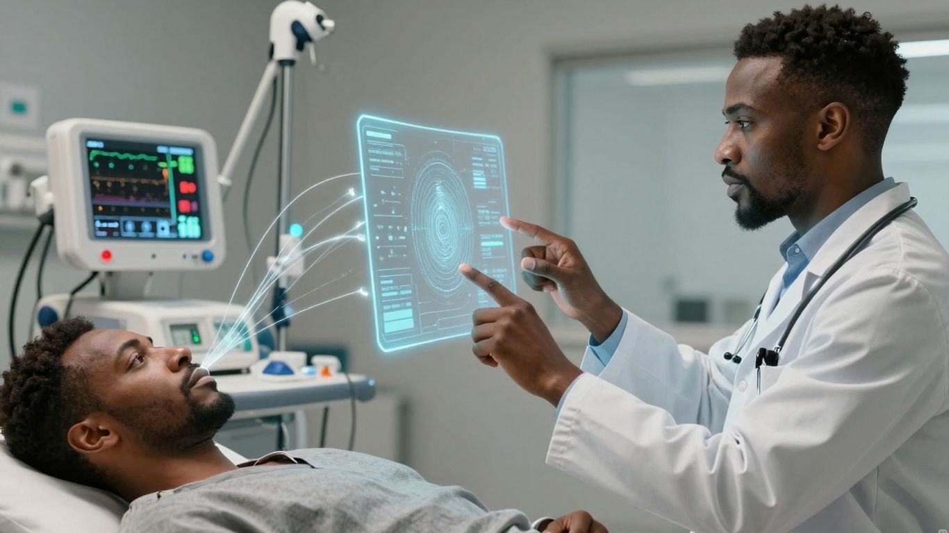 Doctor using AI voice recognition in a modern healthcare setting.