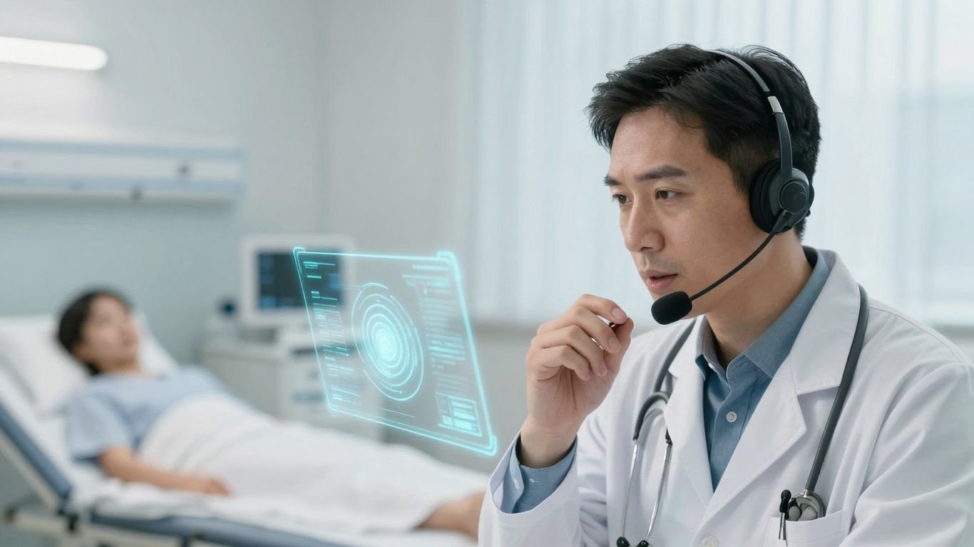 Doctor using AI voice recognition for patient care.