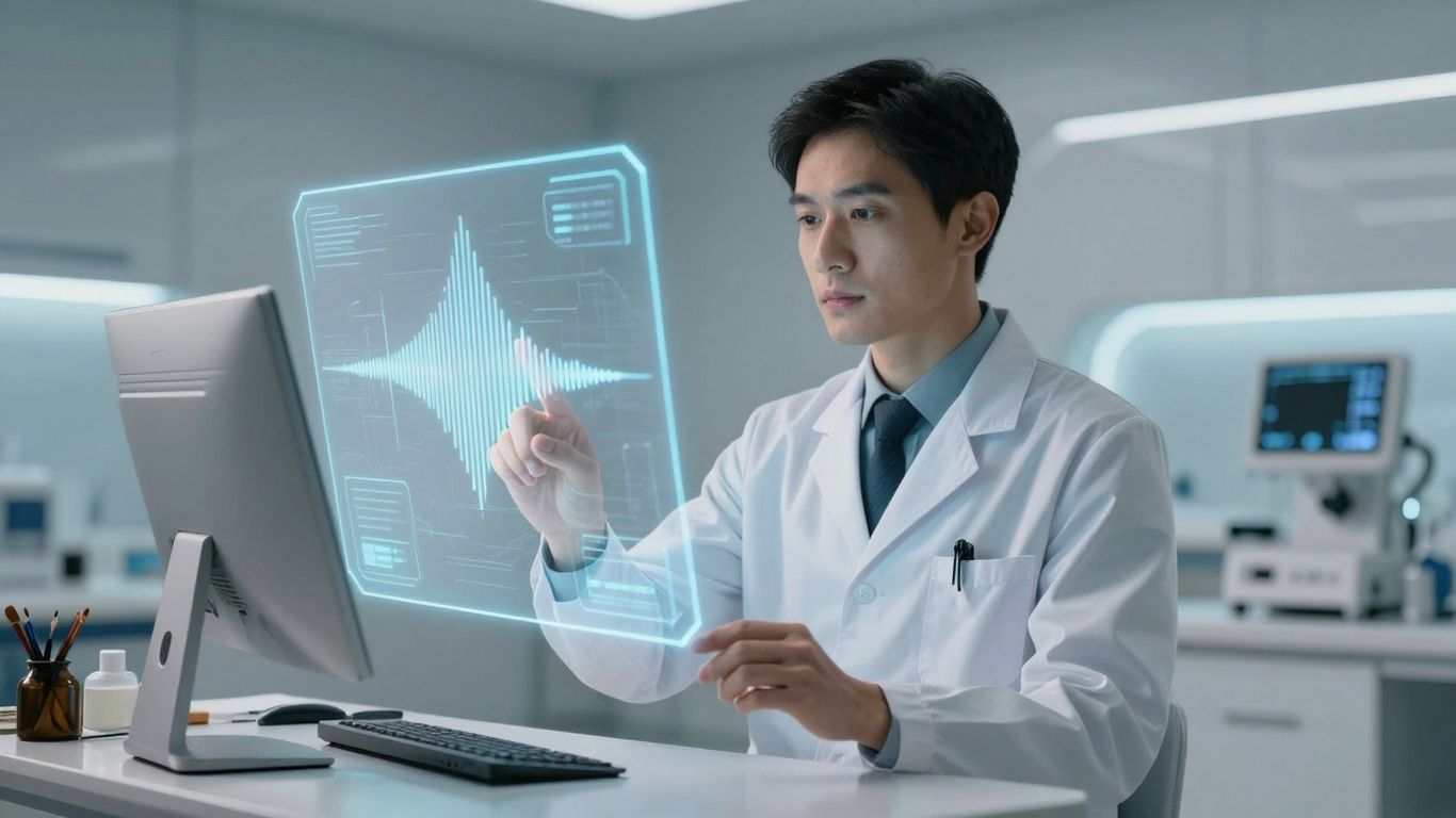 Doctor using AI voice bot interface in futuristic hospital