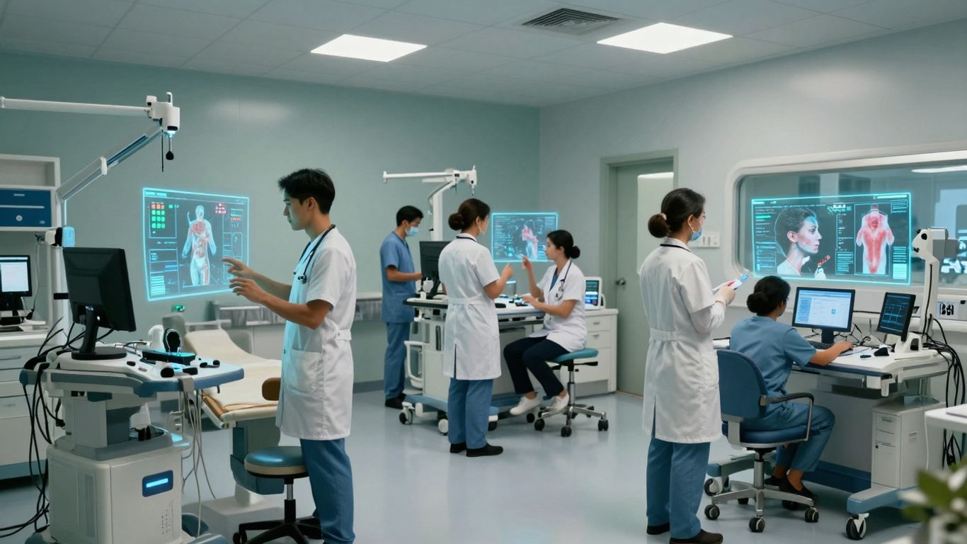 Healthcare professionals using advanced AI technology in a modern clinic.