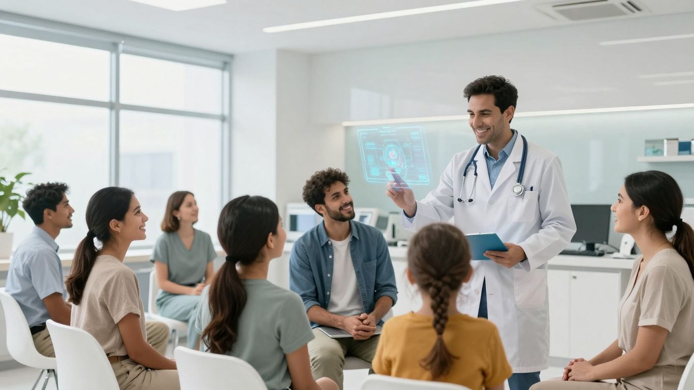 Healthcare clinic with patients and AI technology.