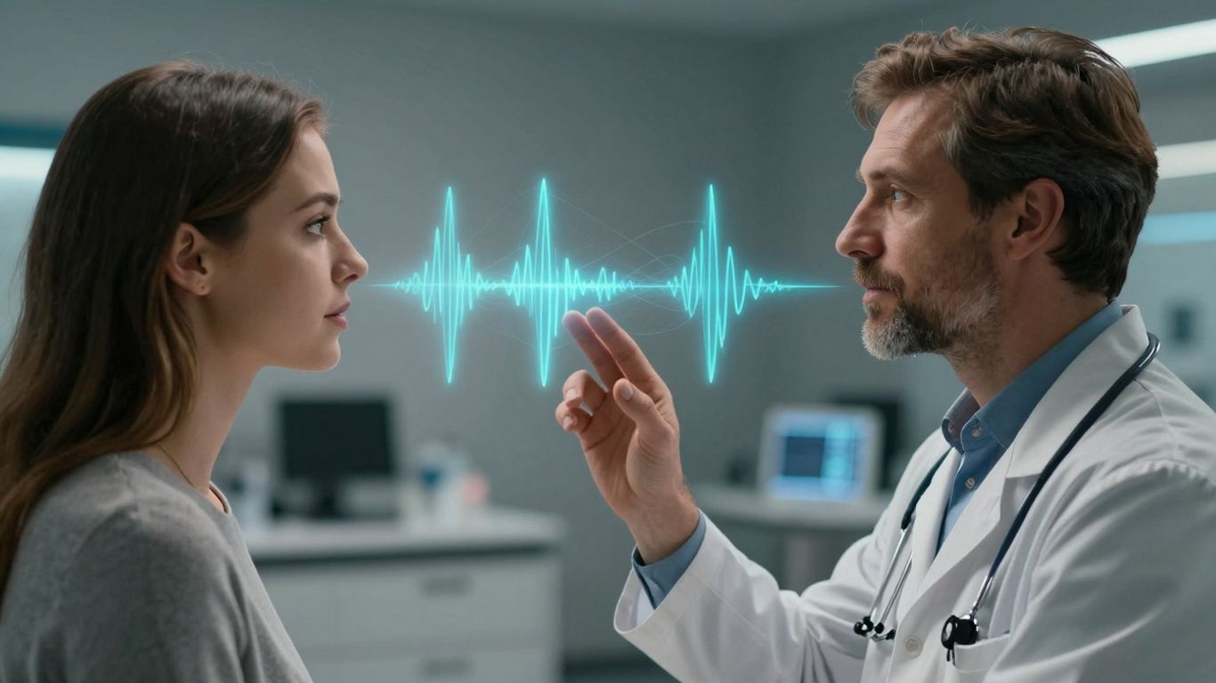 Doctor and patient with voice AI technology.