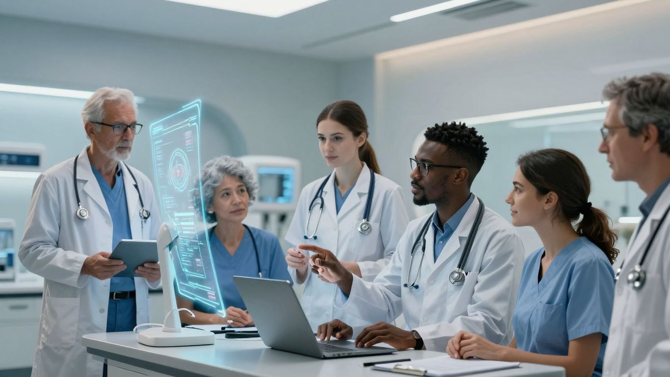 Healthcare professionals using advanced AI for patient care.