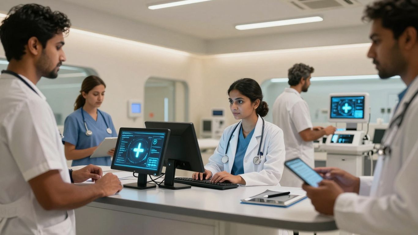 Healthcare professionals using advanced AI technology in a modern clinic.