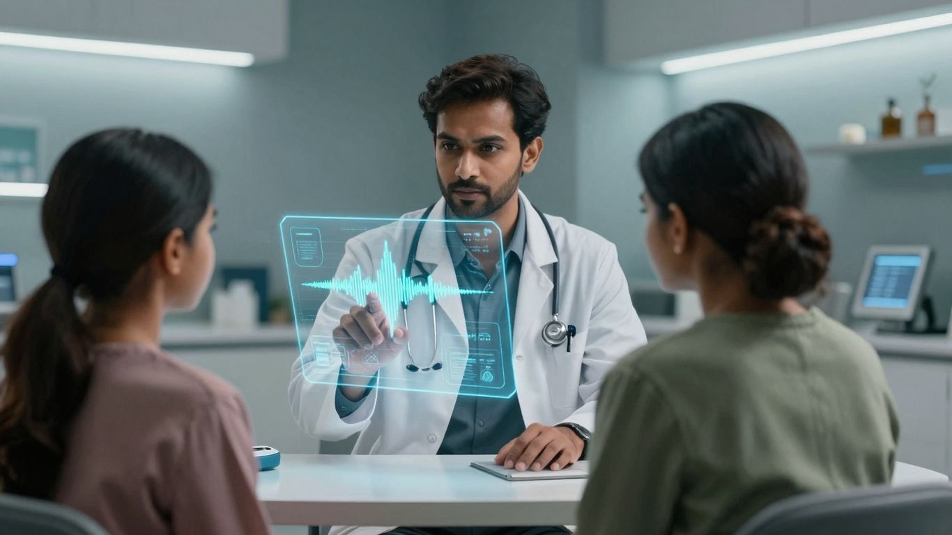 Doctor and patient interacting with AI voice interface.