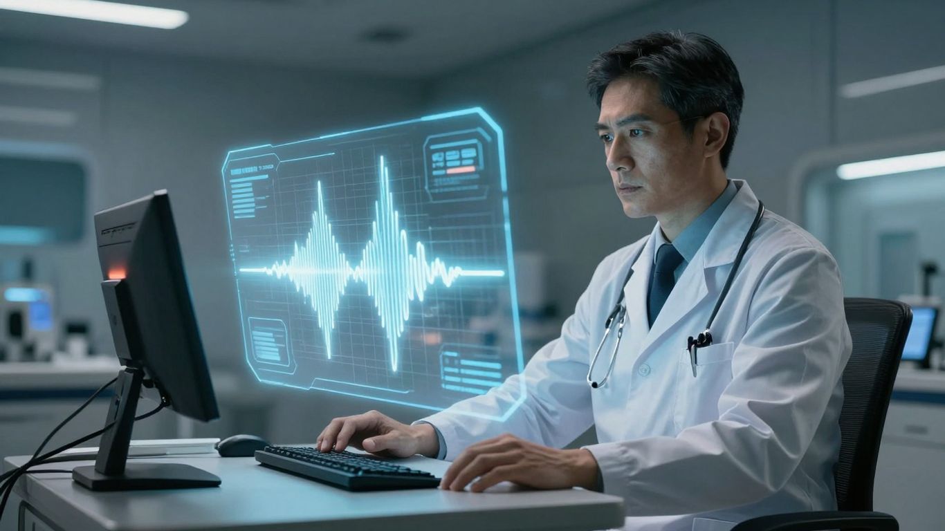 Doctor using advanced AI voice technology in a futuristic hospital.