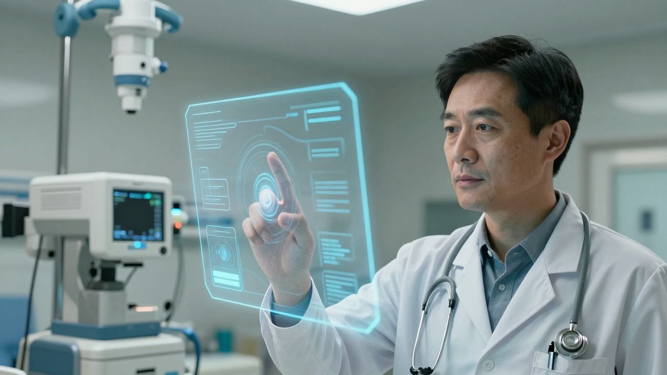 Doctor using voice AI in a futuristic healthcare setting.