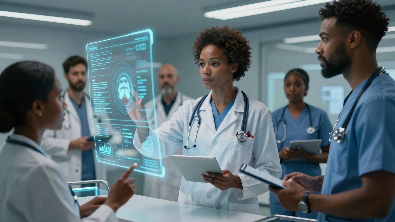 Healthcare professionals using advanced AI voice technology.