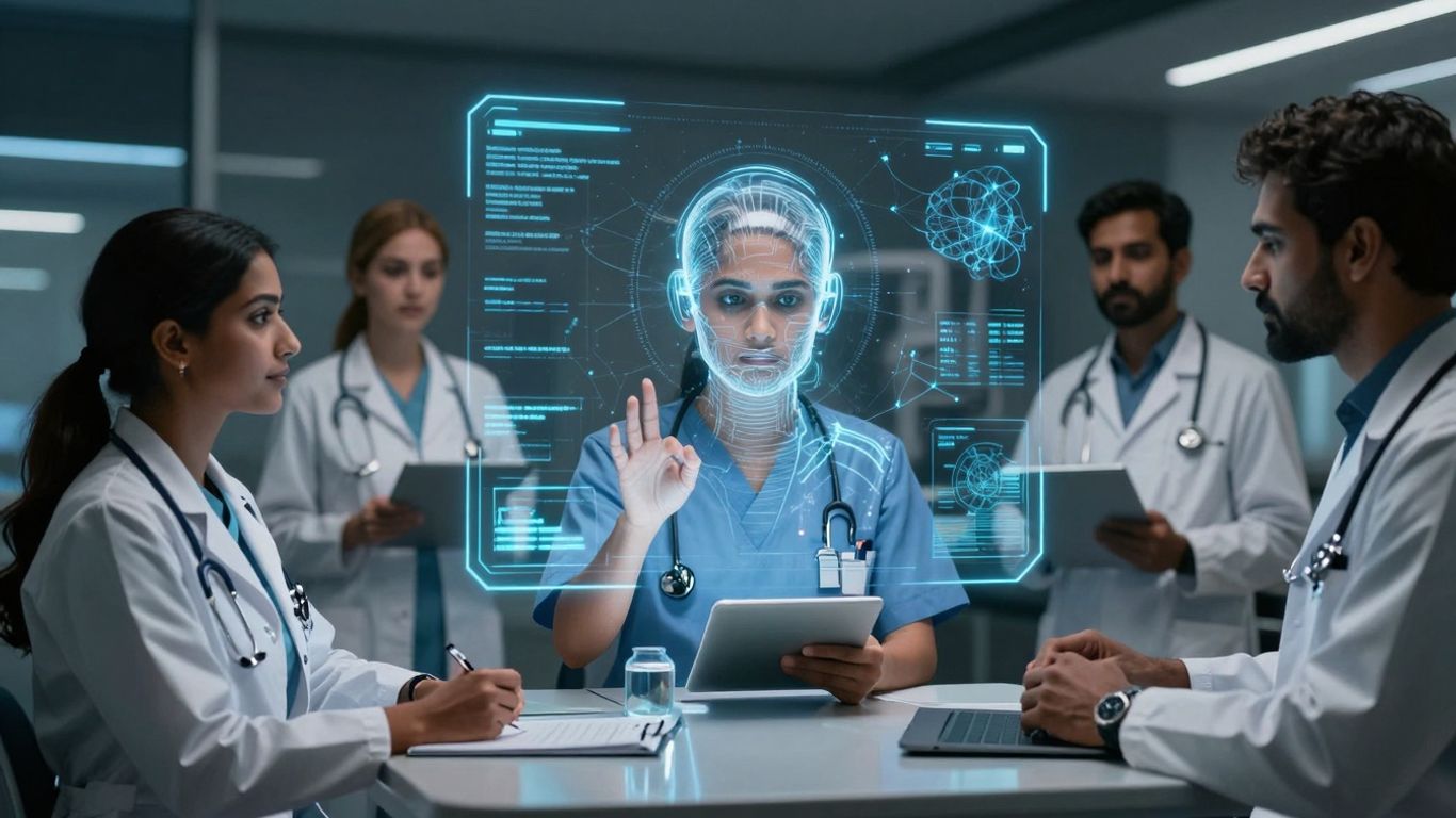 Healthcare professionals using advanced voice AI technology.