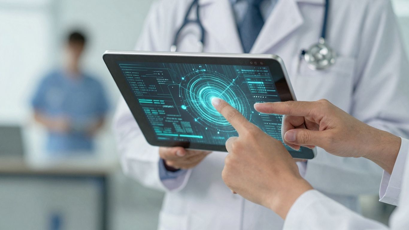 Doctor interacting with secure healthcare data on a tablet.
