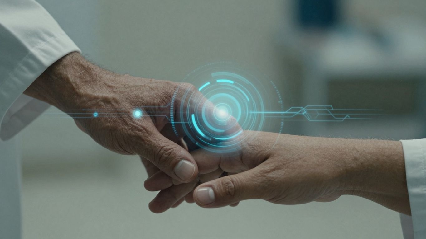 Doctor and patient hands with secure digital interface overlay.