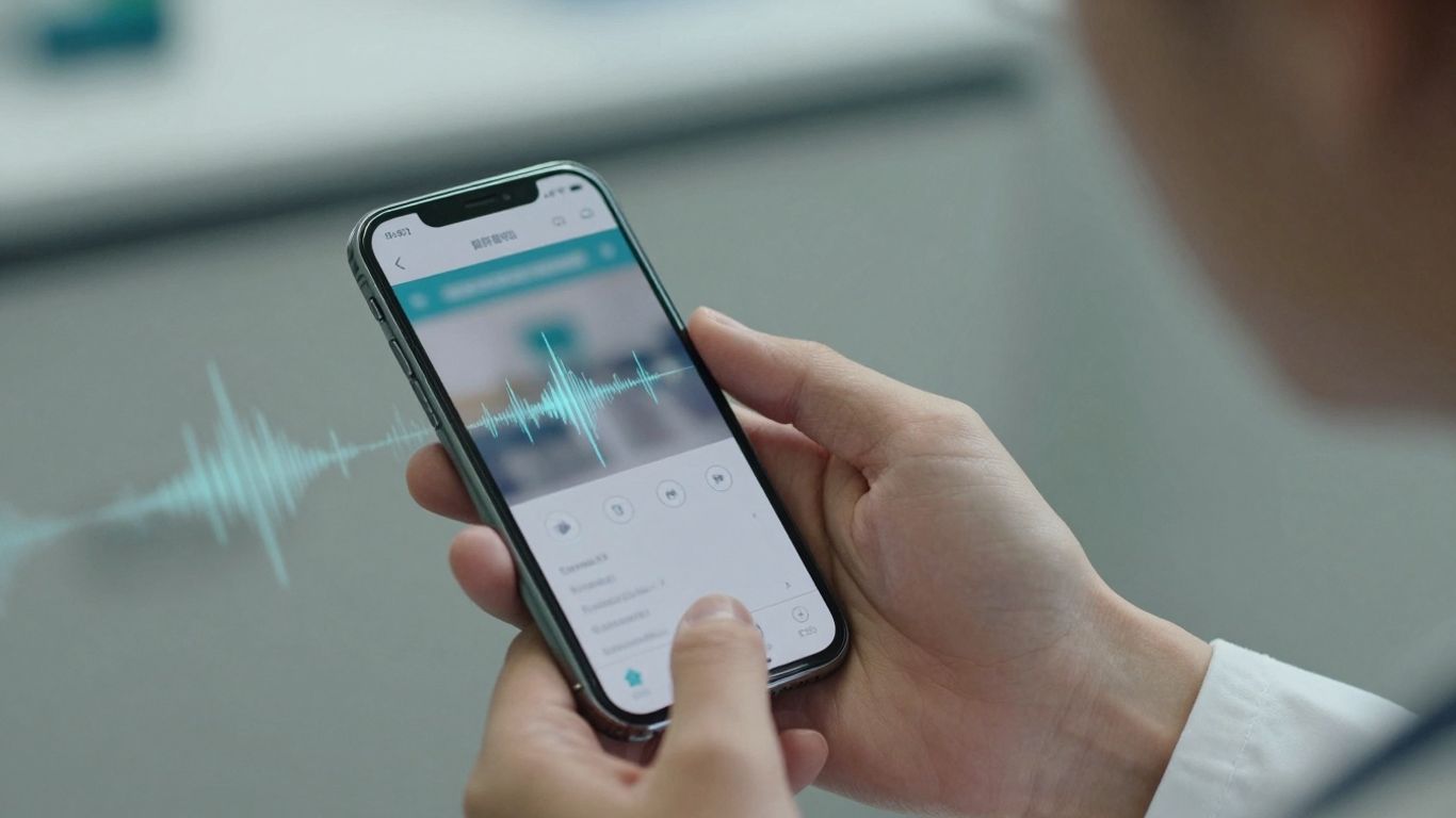 Doctor with smartphone, secure data waveform, healthcare privacy.