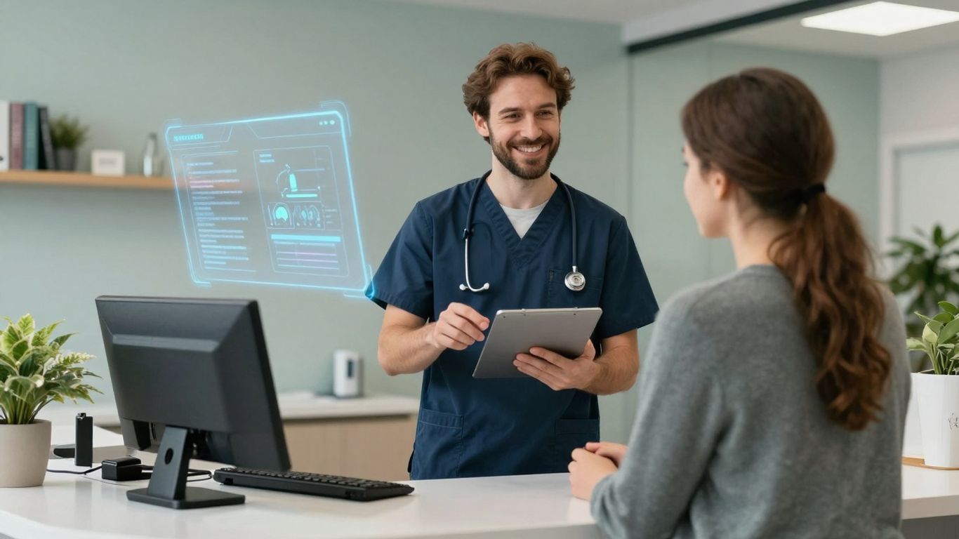 Healthcare professional and patient using AI voice technology.