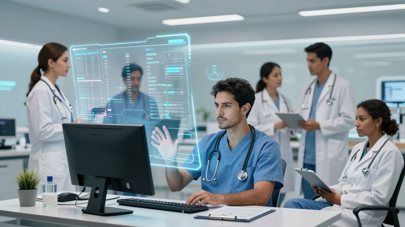 AI healthcare scheduling with holographic interfaces and professionals.