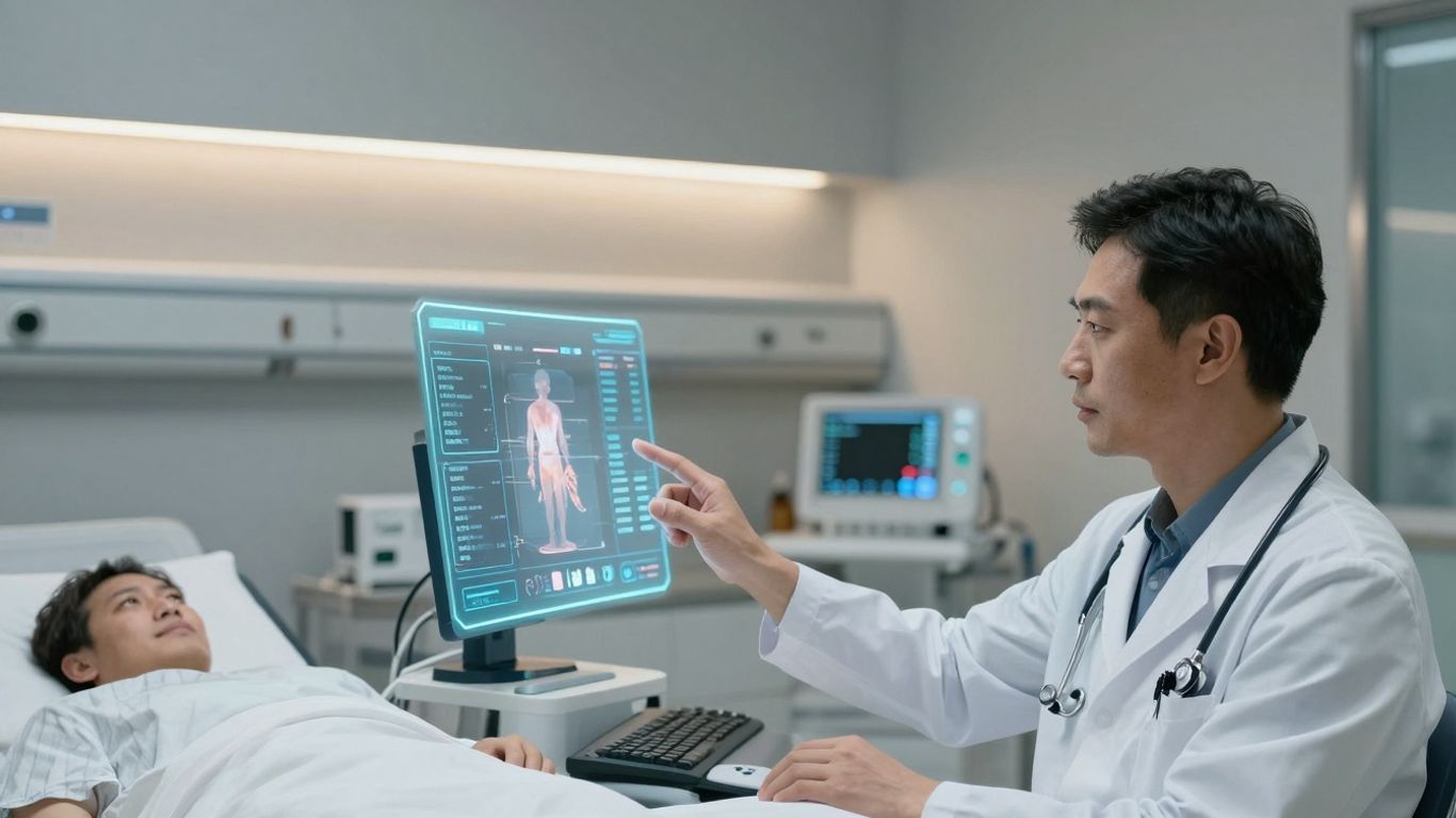 Doctor using voice AI in a futuristic hospital setting.