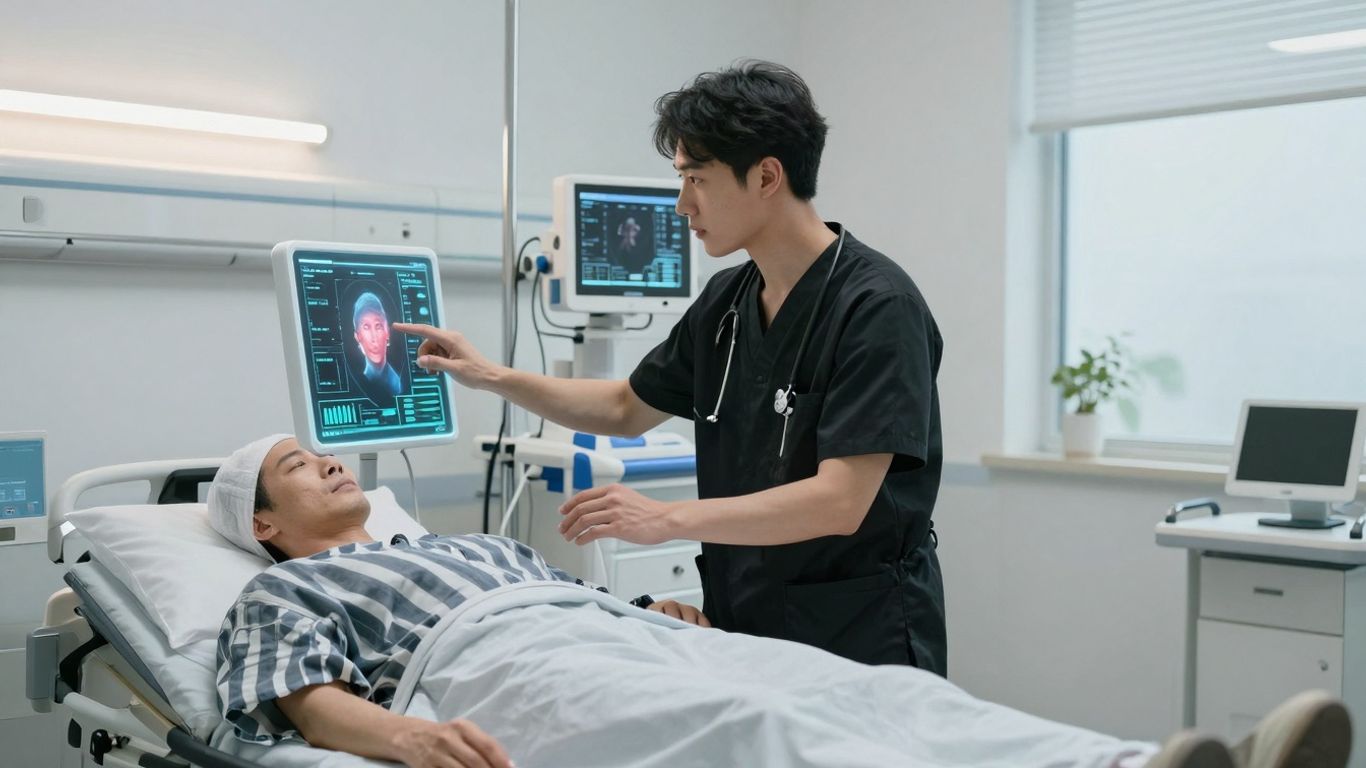 Doctor using AI interface in a modern hospital room.