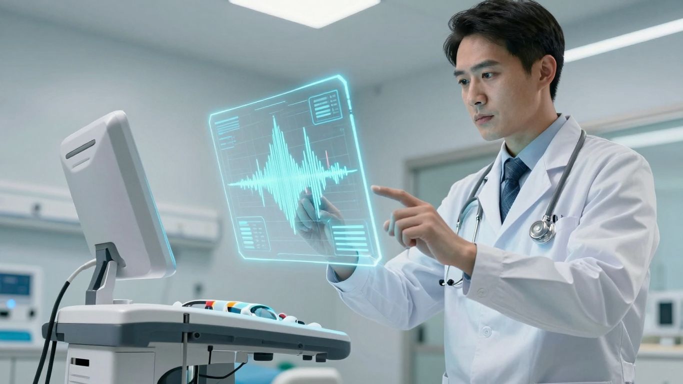 Doctor using voice AI interface in healthcare setting.