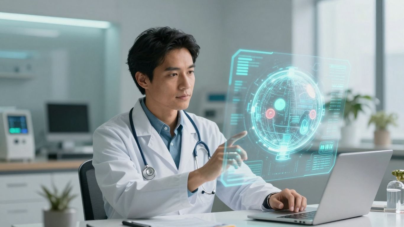 Doctor using AI voice agent for patient care.