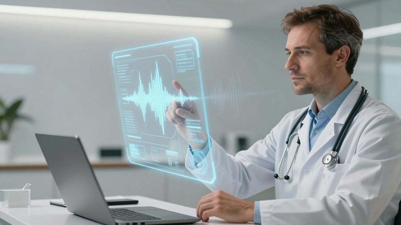 Doctor using voice AI in a futuristic healthcare setting.
