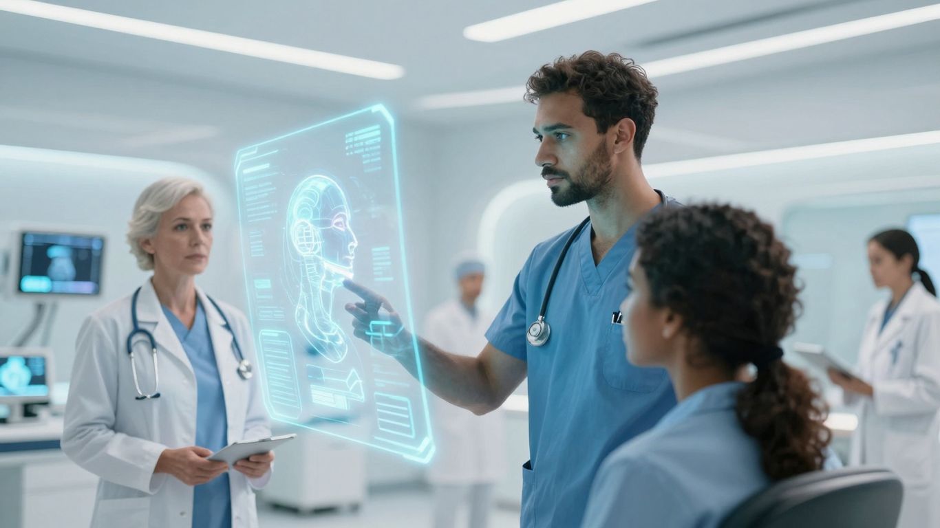 Healthcare professionals using advanced AI technology.