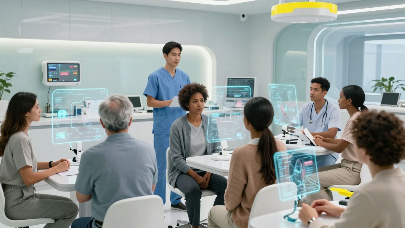 Patients engaging with advanced AI healthcare technology.