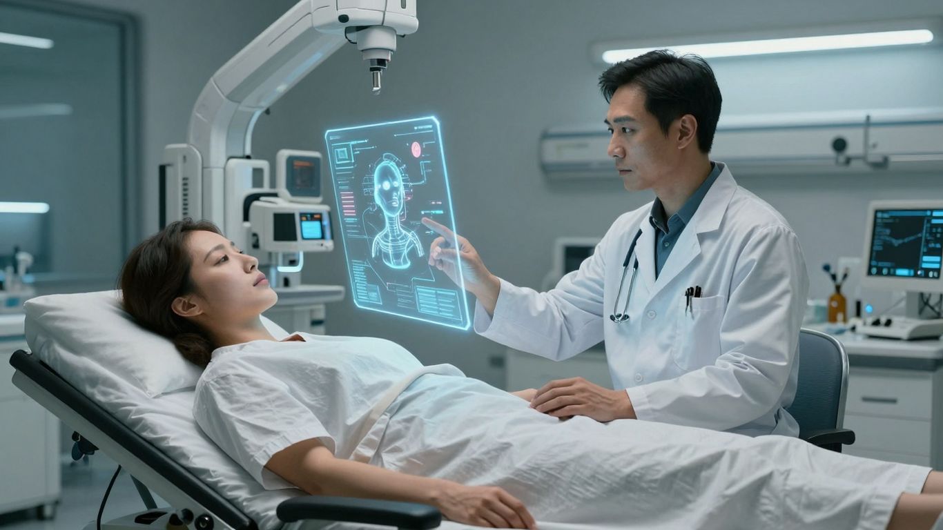 Doctor using AI interface in futuristic hospital room.