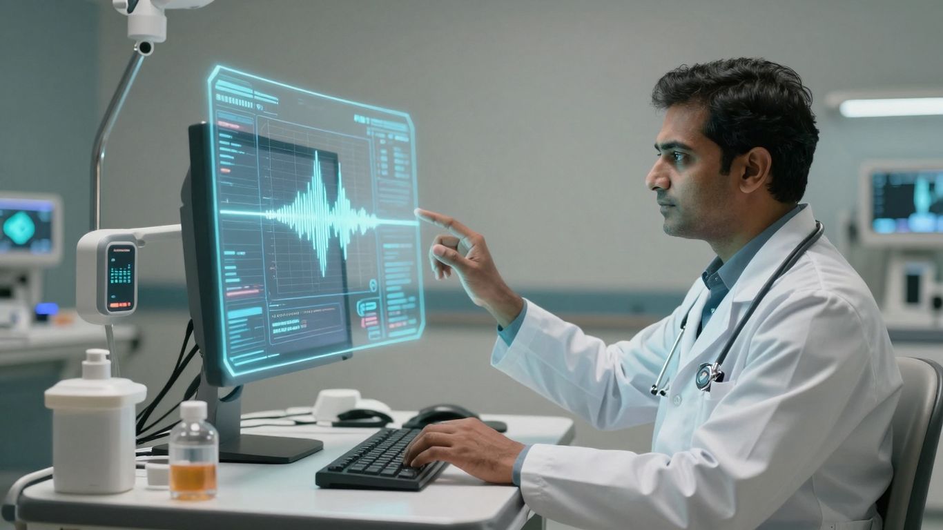 Doctor using AI voice assistant in futuristic hospital room.