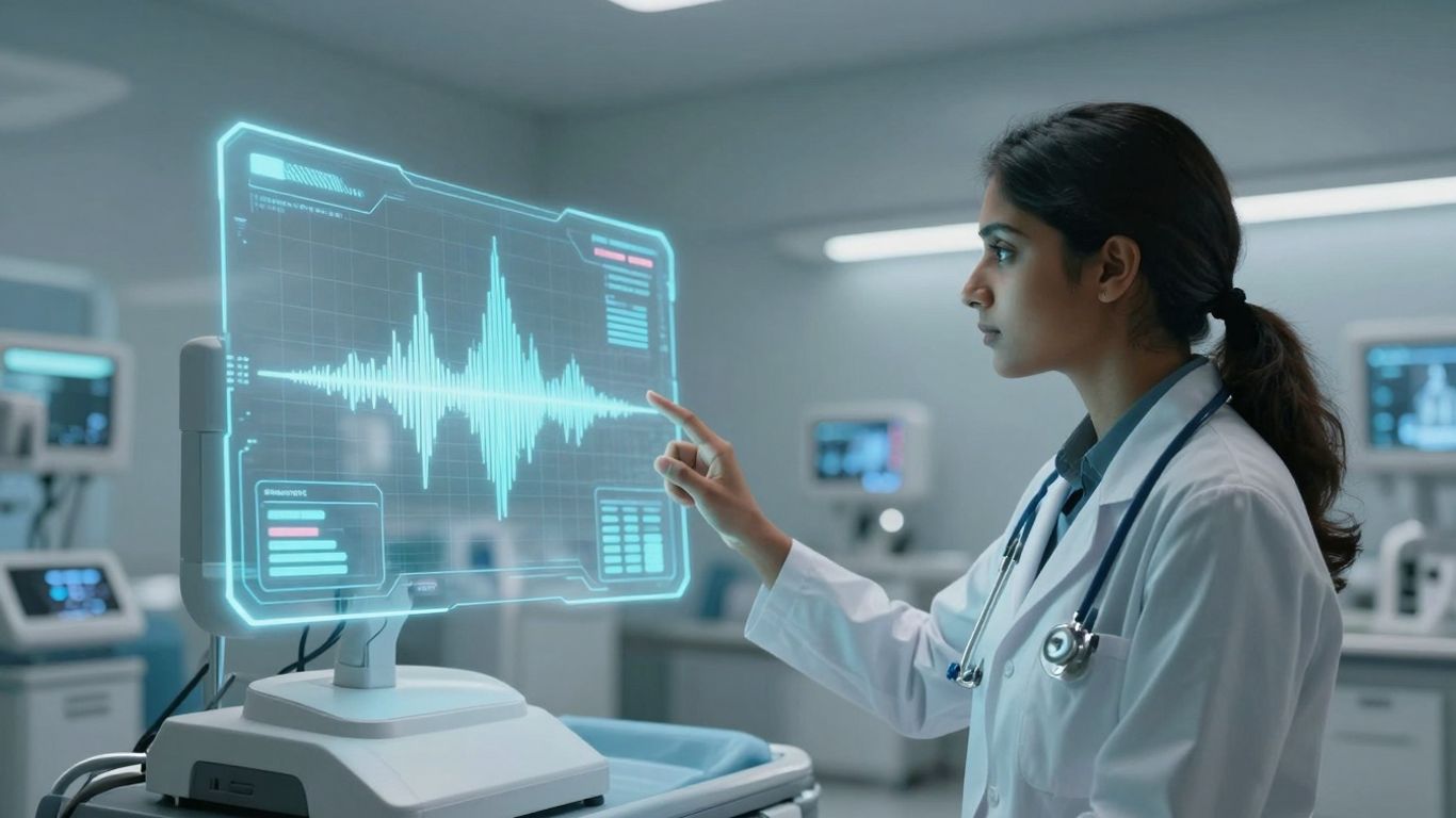 Doctor using AI voice assistant for patient care.