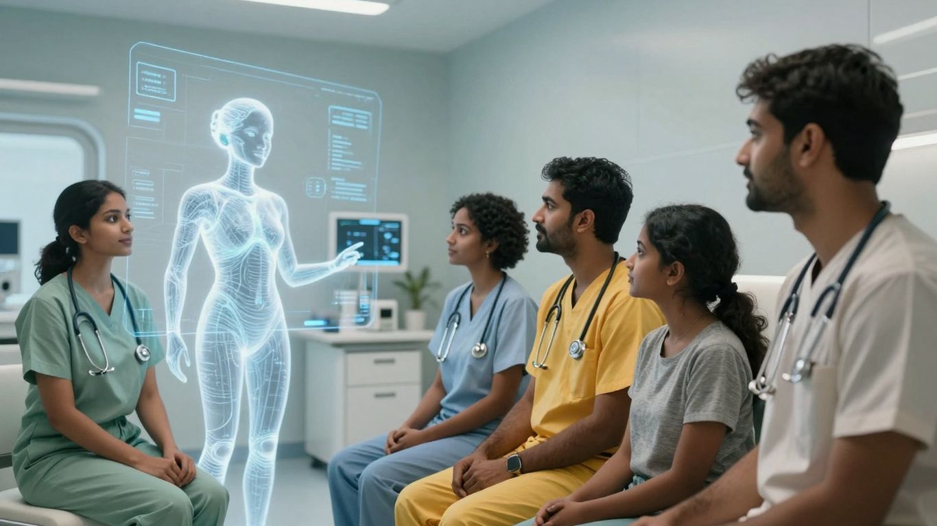 AI healthcare interface assisting patients in a modern clinic.