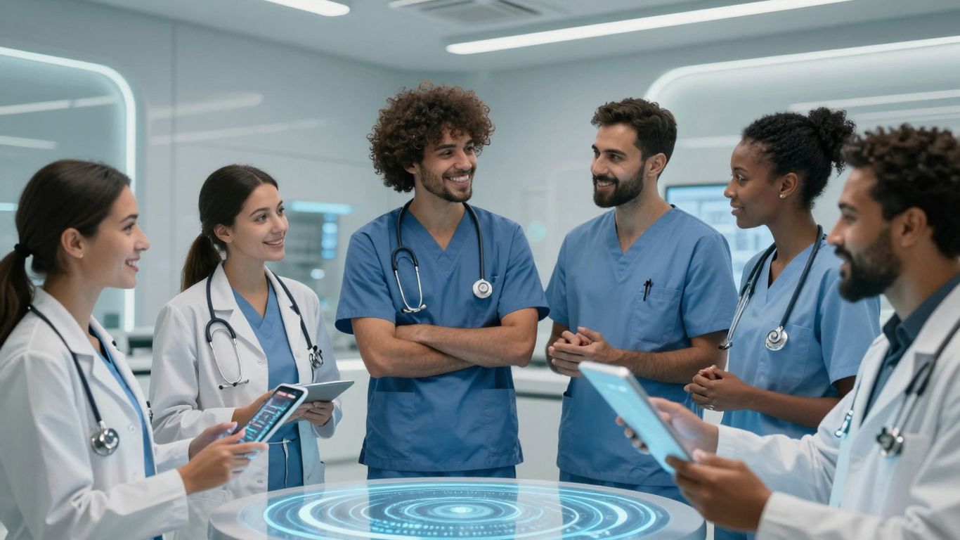 Healthcare professionals interacting with AI technology