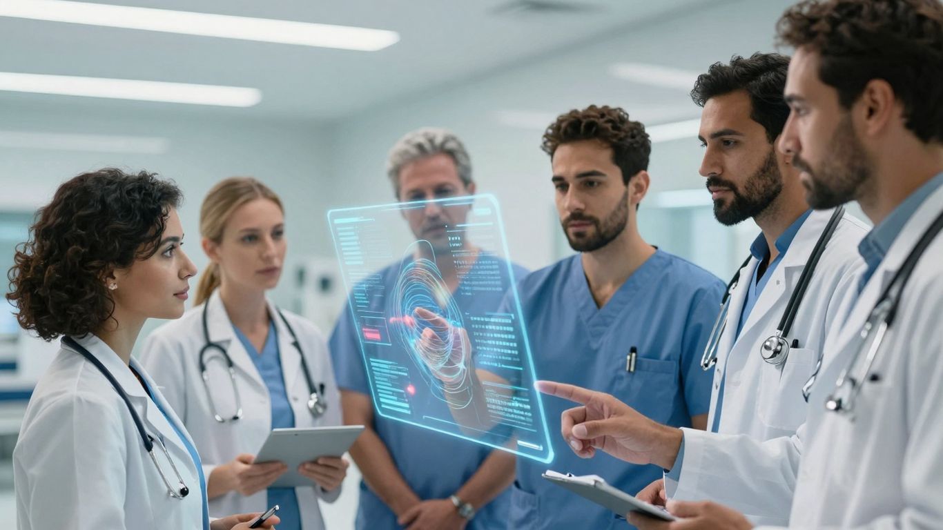 Healthcare professionals using advanced technology for recruitment.