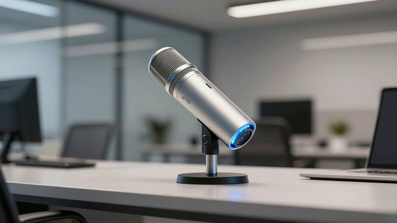 Futuristic microphone on a desk in a modern office.