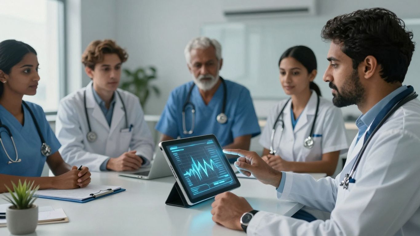 Healthcare professionals using advanced voice AI technology.