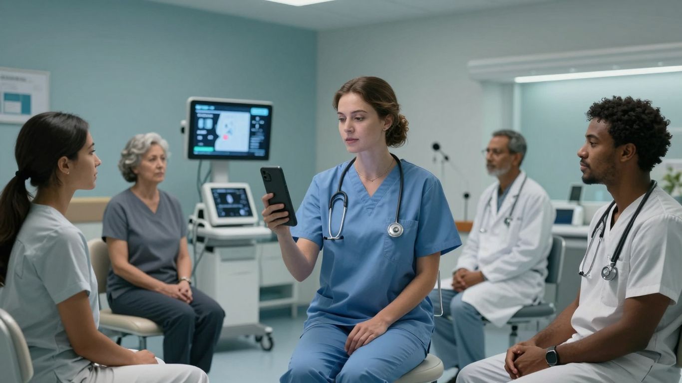 Patients engage with voice AI in a modern healthcare setting.