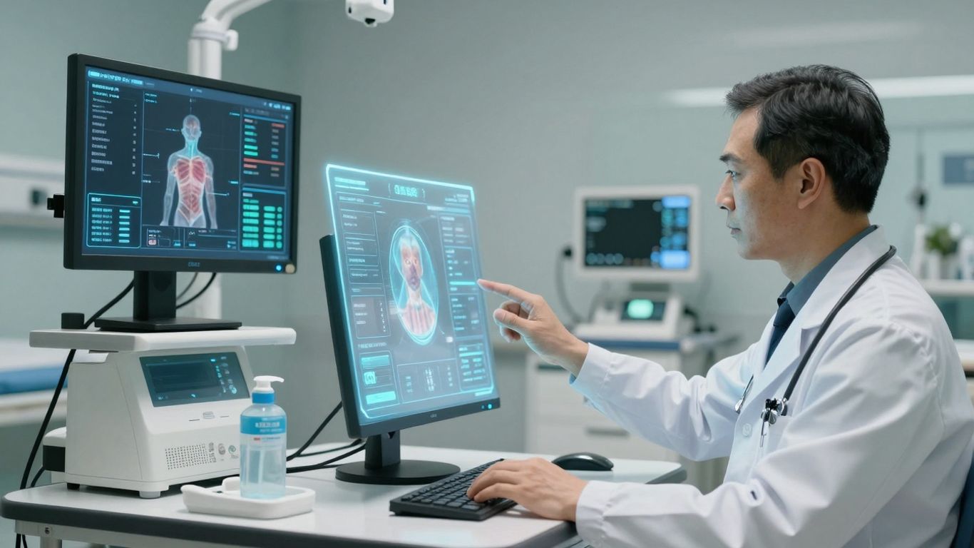Doctor using AI interface for patient care in a hospital.