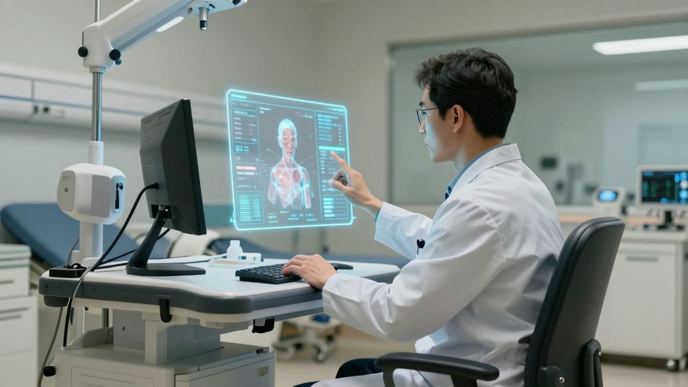 Doctor using AI interface for patient care in a hospital.