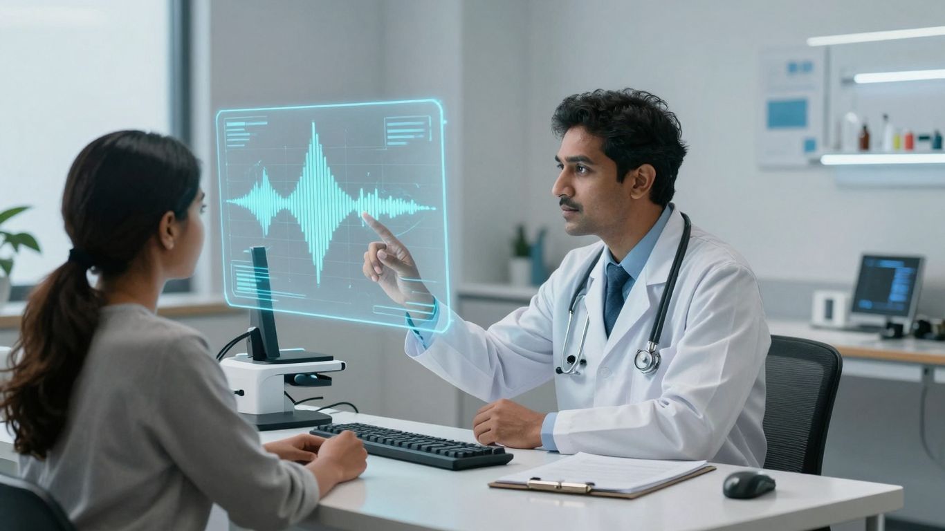 Doctor and patient using advanced voice AI technology.