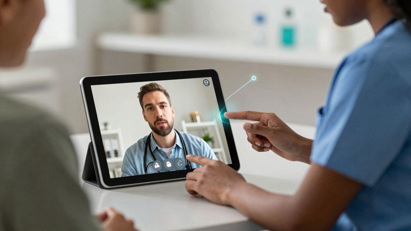 Doctor and patient communicating via advanced technology.
