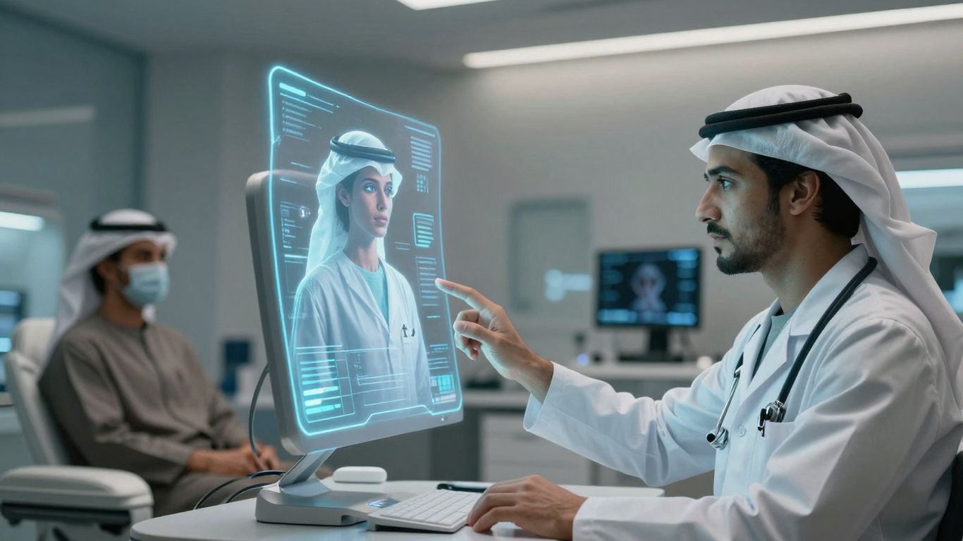 Doctor interacting with AI in a modern healthcare setting.