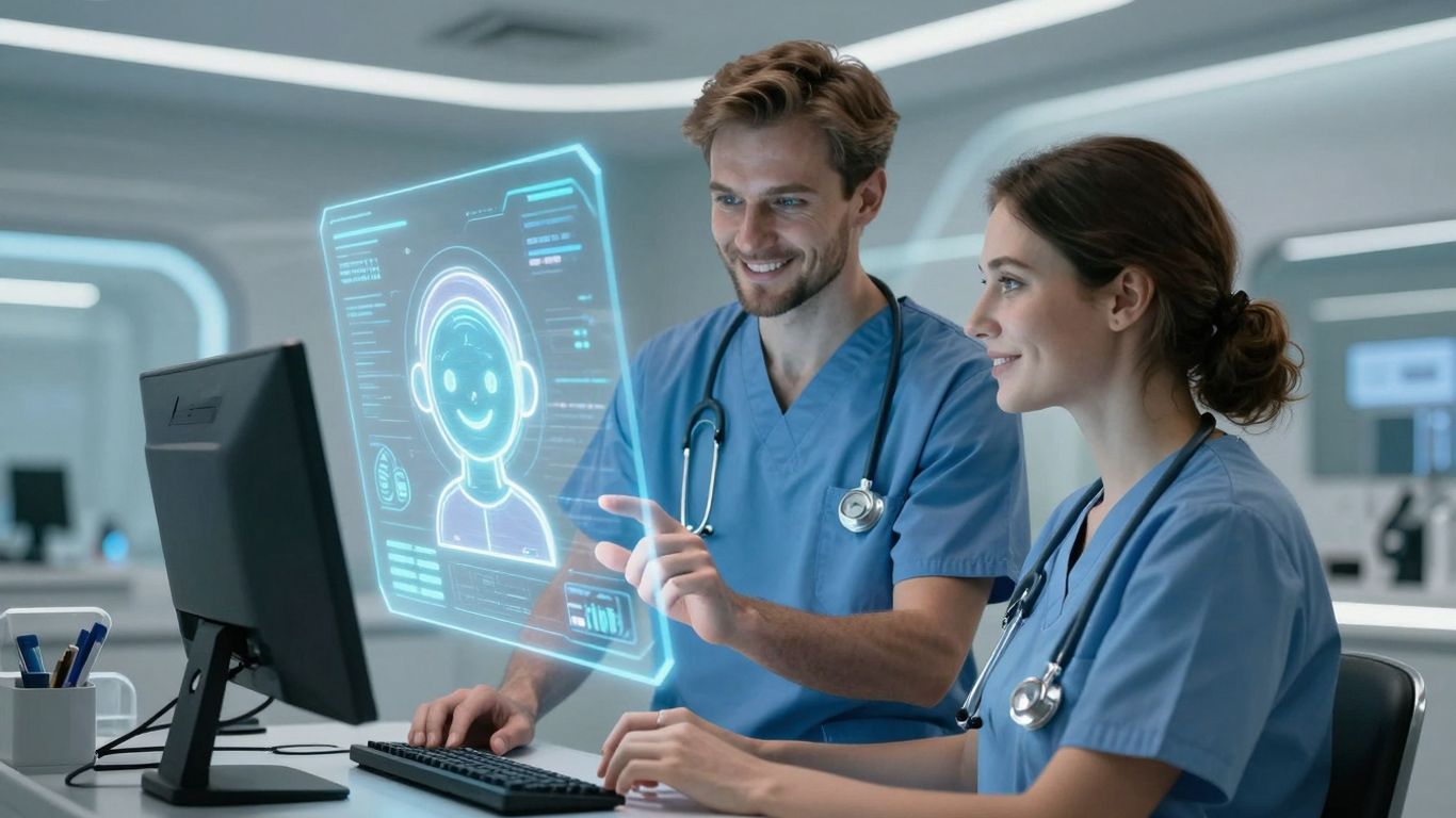 AI healthcare avatar interacting with a doctor.