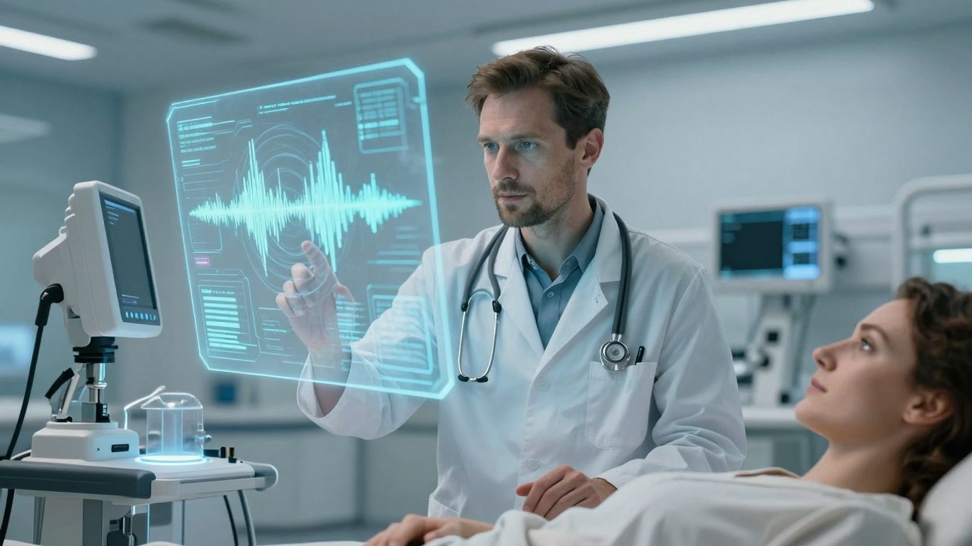 Doctor using AI voice agent for patient care.