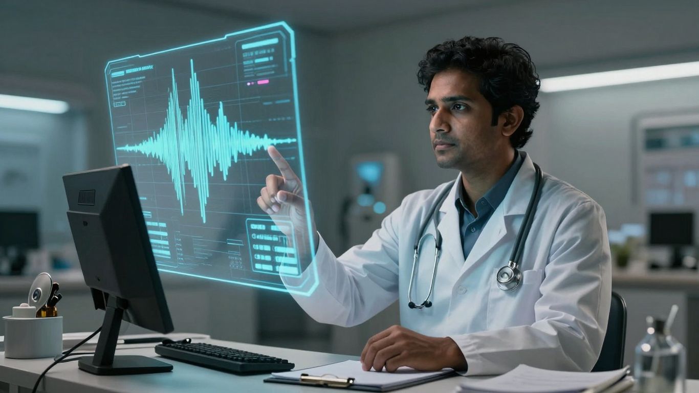 Doctor using AI voice agent for patient care.