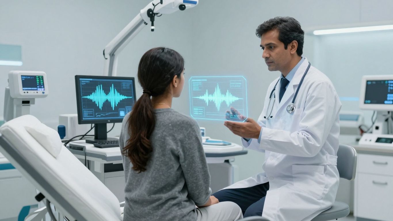 Doctor and patient with AI voice technology in healthcare.