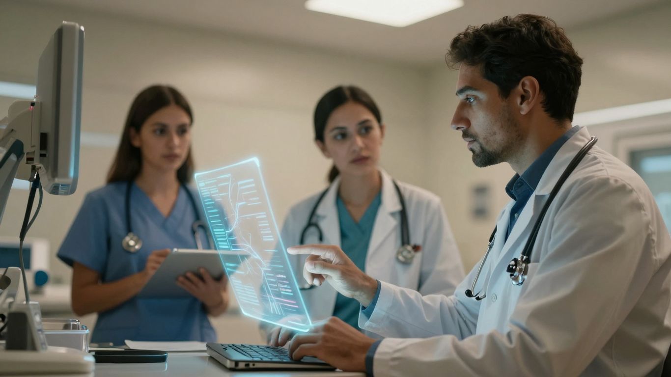 Healthcare professionals using advanced voice AI for communication.